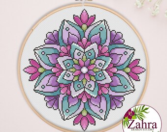 Mandala Cross Stitch Pattern. Colorful Floral Mandala Cross Stitch Chart. PDF Instant Download. Gentle Flowers #13