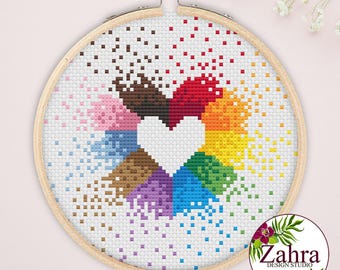 Progress Pride Heart Cross Stitch Pattern - LGBTQ Embroidery (PDF Download)