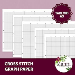 Op de afbeelding: Vier verschillende formaten wit grafiekpapier met zwarte rasterlijnen. Het papier is gelabeld met "Cross Stitch Graph Paper" en "Tabloid A3".