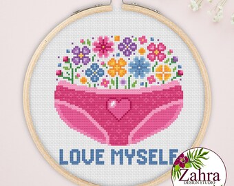 Feminist Cross Stitch Pattern - Love Myself  - SSubversive Embroidery (PDF Download)