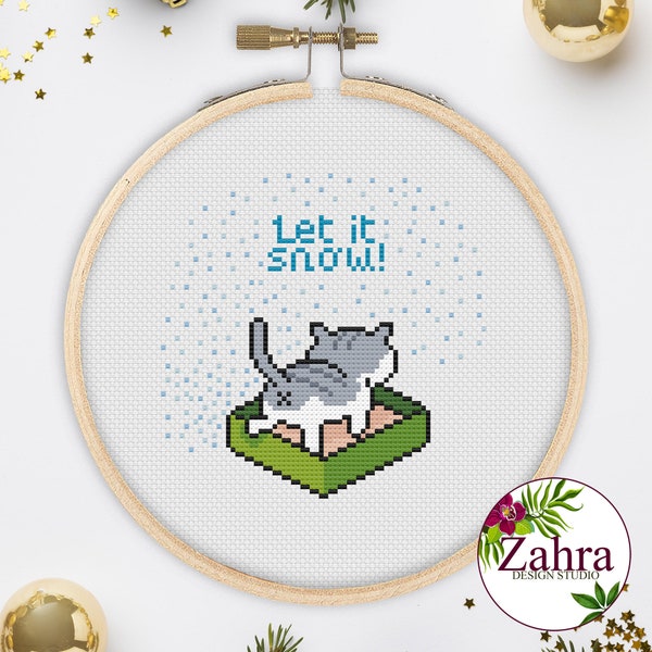 Patrón de punto de cruz navideño - Let it Snow, Funny Cat (Descarga PDF)