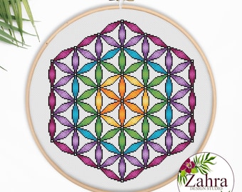 Patrón de punto de cruz de mandala: Diseño de bordado arcoíris de la Flor de la Vida (Descarga PDF)