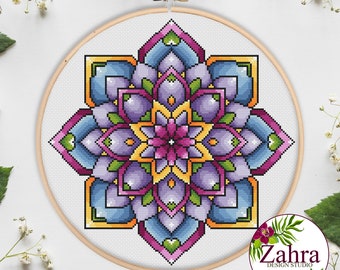 Mandala Cross Stitch Pattern. Colorful Floral Mandala Cross Stitch Chart. PDF Instant Download. Vivid Dream #12