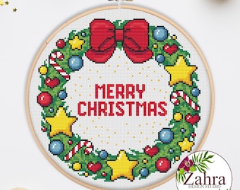 Patrón de punto de cruz navideño: diseño de bordado de corona colorida (descarga en PDF)