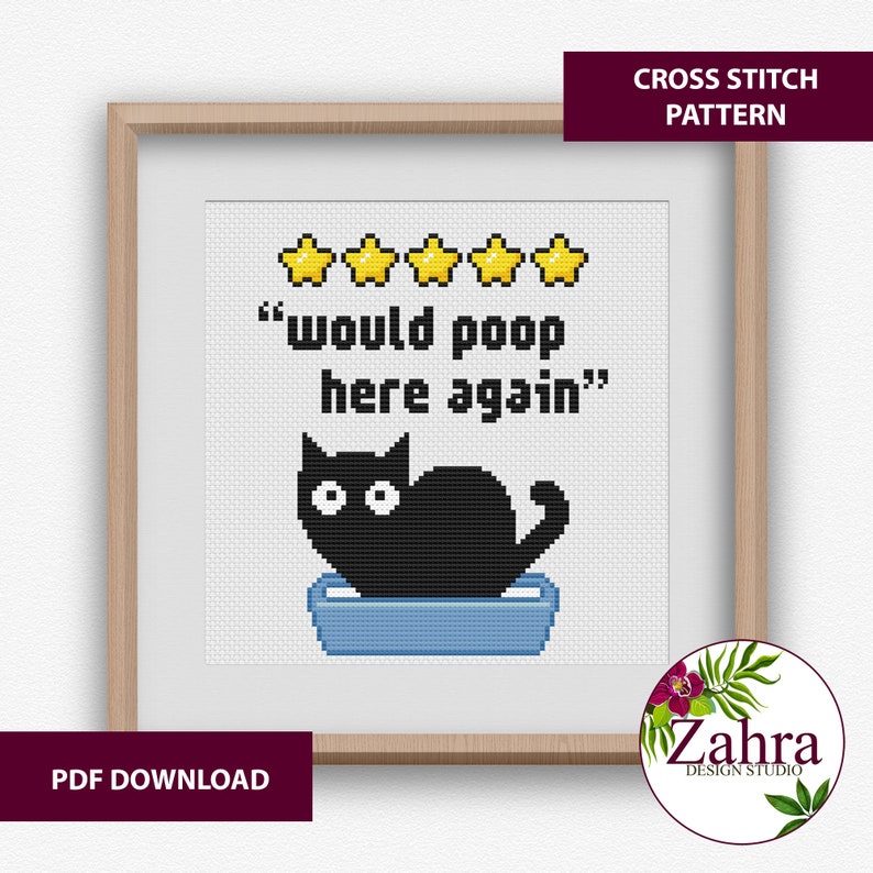 Funny cross stitch pattern featuring a black cat sitting in a blue litter box with five yellow stars above the cat and the text "would poop here again".