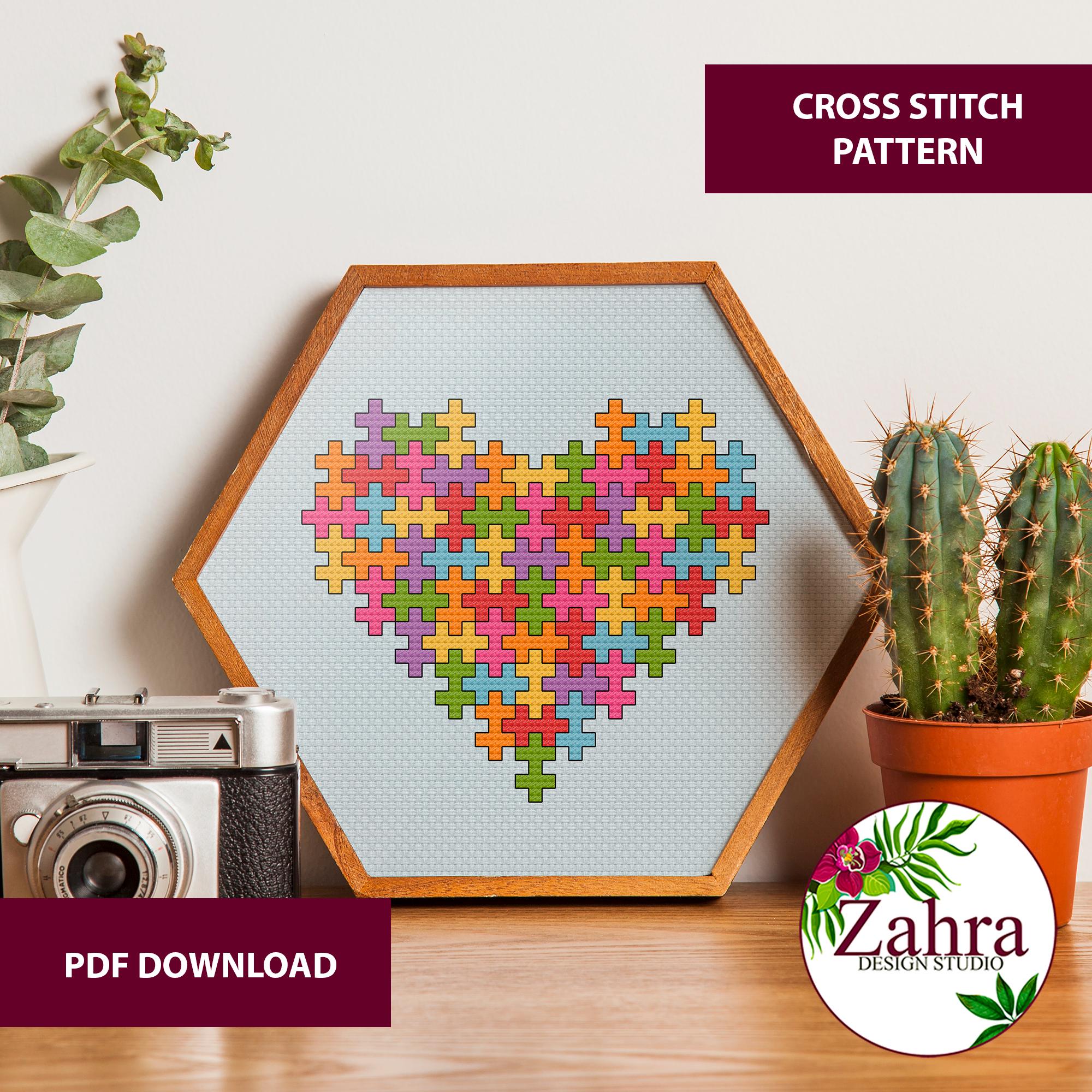 Valentine Cross Stitch Pattern - Puzzle Heart - Embroidery Design