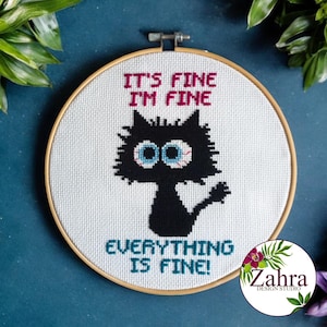 Funny Cat Cross Stitch Pattern: Everything is Fine (PDF Download)