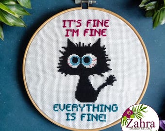 Patrón de punto de cruz de gato - Todo está bien (Descarga en PDF)