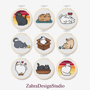 9 mini cross stitch patterns with cute cats