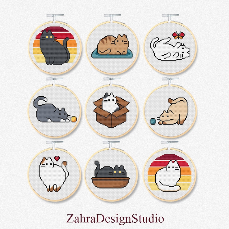 9 mini cross stitch patterns with cute cats