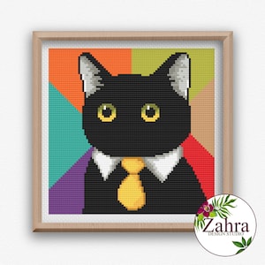 Cat Cross Stitch Pattern. Black Cat With Tie. Business Cat Meme. Funny Cross Stitch Chart. PDF Instant Download