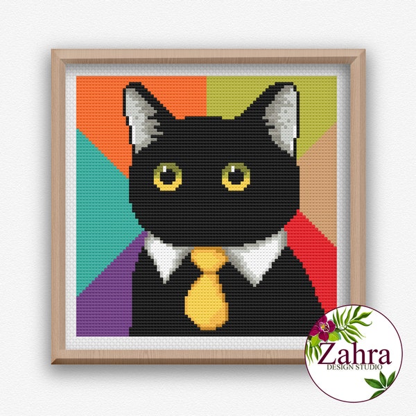 Cat Cross Stitch Pattern. Black Cat With Tie. Business Cat Meme. Funny Cross Stitch Chart. PDF Instant Download