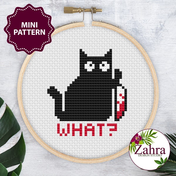 What?! Mini Cross Stitch Pattern. Black Cat Cross Stitch Pattern. Funny Cross Stitch Chart. PDF Instant Download