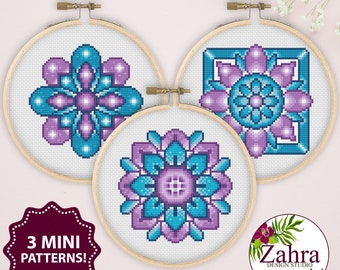 Mandala Cross Stitch Pattern. 3 Small Patterns. Colorful Floral Mandala Cross Stitch Chart. Blue And Violet PDF Instant Download. #21
