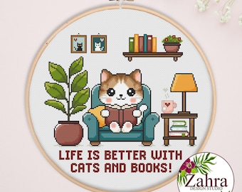 Patrón de punto de cruz de gato: La vida es mejor con gatos y libros (Descarga PDF)