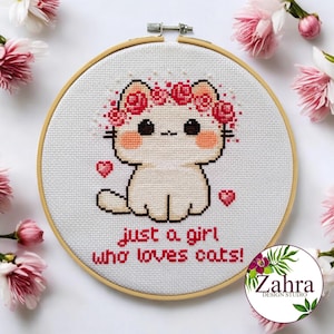 Une fille qui aime les chats ! Point de croix de chat kawaii. Grille de point de croix chat. Téléchargement instantané PDF