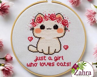 Cat Cross Stitch Pattern - Just a Girl Who Loves Cats (PDF Download)