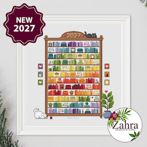 Kreuzstichmuster „Temperatur 2027“, Stickvorlage für ein Bücherregal, PDF-Sofortdownload