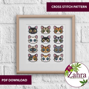 Cross stitch pattern featuring 12 different cat faces with various fur colours and patterns. The pattern is displayed in a framed picture on a white brick wall. The text "CROSS STITCH PATTERN" is at the top of the image and "PDF DOWNLOAD" is at the bottom.