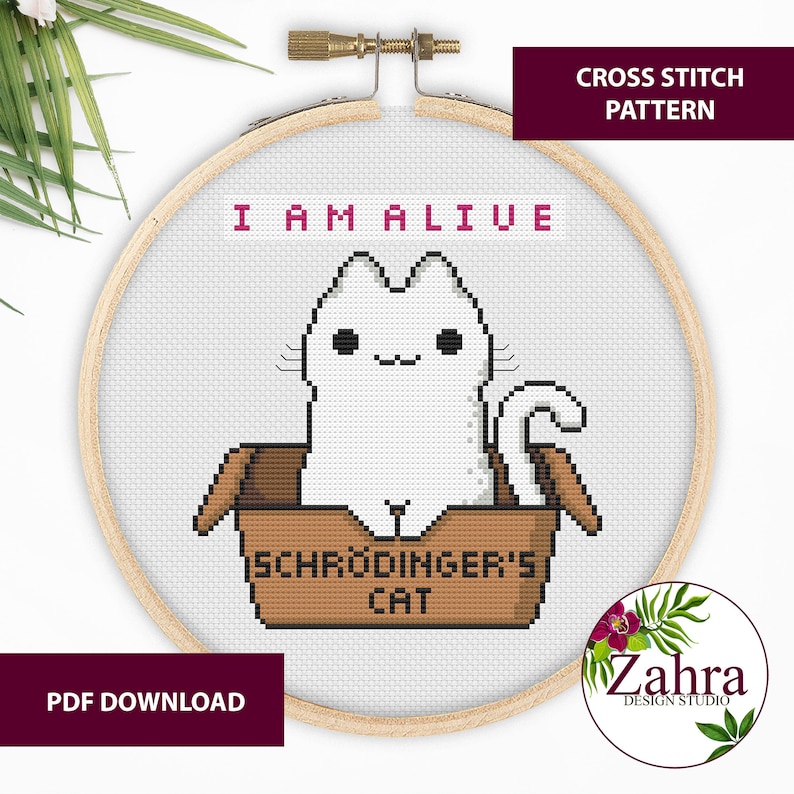 Schrödinger's Cat Cat Cross Stitch Pattern. Funny Cross Stitch Chart. PDF Instant Download image 3