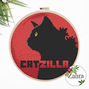 Cat Cross Stitch Pattern: CatZilla, Godzilla Lover (PDF Download)