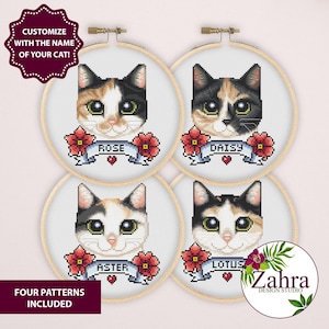 May include: Four cross-stitch patterns featuring cat faces, each in a wooden hoop. Each cat has a unique color pattern and is paired with a banner displaying a name: Rose, Daisy, Aster, and Lotus. Red flowers and hearts accent the designs. Text reads: "Customize with the name of your cat!"