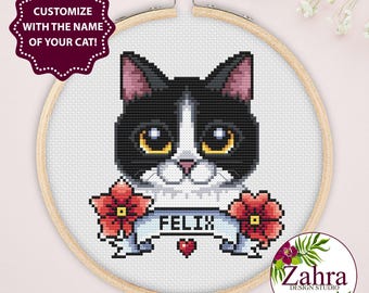 Tuxedo Cat Cross Stitch Pattern, PDF Download - Embroidery Pet Portrait