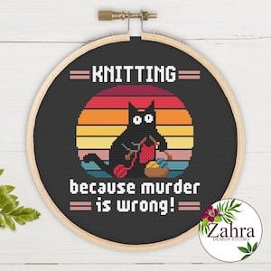 殺人は間違っているから編み物をする！黒猫のクロスステッチパターン。面白いクロスステッチチャート。PDF インスタントダウンロード