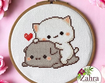 Mochi Peach And Goma Cats Cross Stitch Pattern! Valentine&#39;s Day (PDF Download)