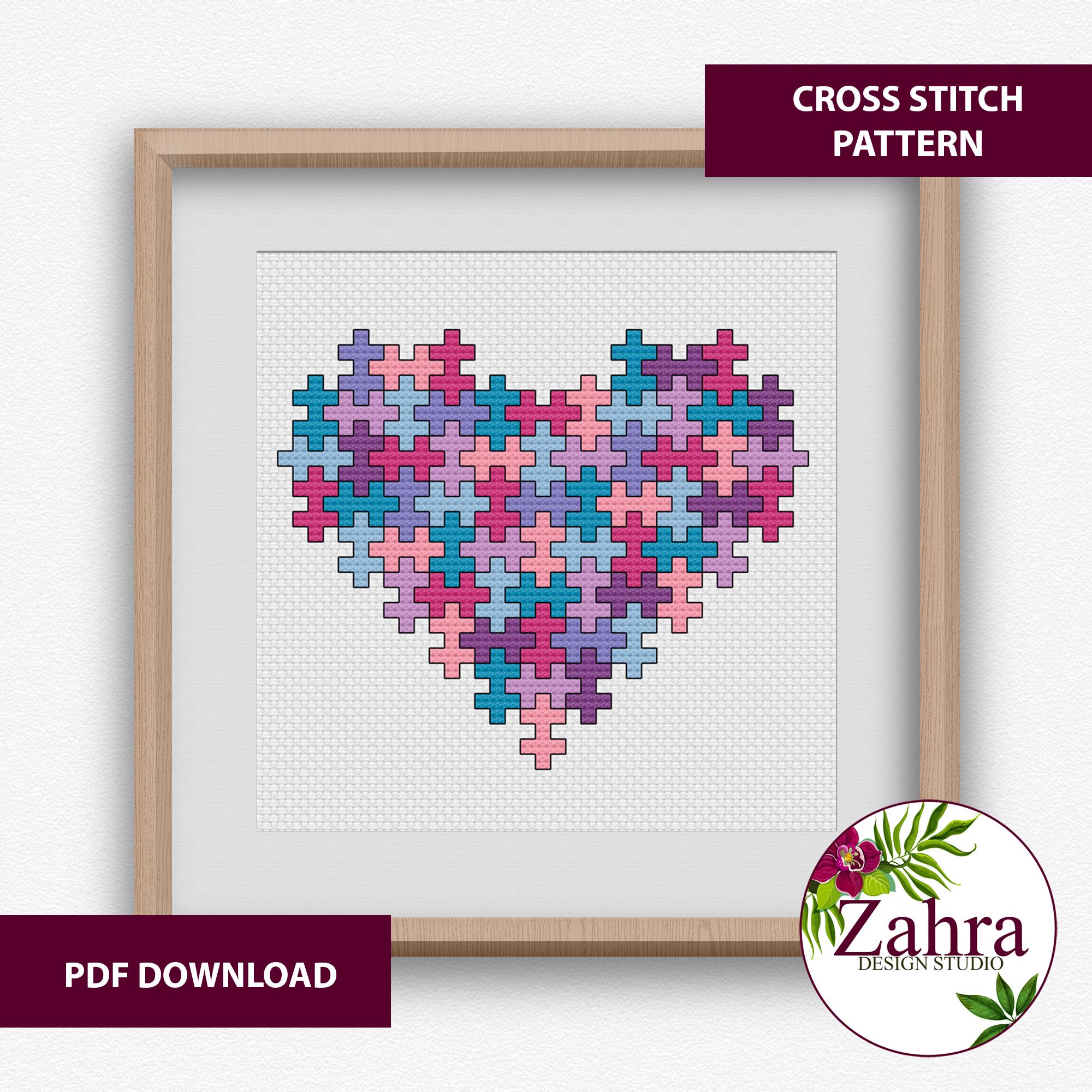 Valentine Cross Stitch Pattern - Puzzle Heart - Embroidery Design