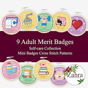 May include: Nine circular wooden embroidery hoops containing cross-stitch patterns titled 9 Adult Merit Badges Self-care Collection. Designs include a toilet paper roll, shower head, dumbbell, cat on a chair, heart, water bottle, pill bottle, books, and underwear.