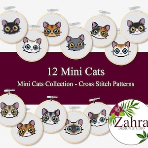 Cat Cross Stitch Pattern. Set of 12 Mini Cat Cross Stitch Patterns. Cross Stitch Bundle. PDF Instant Download