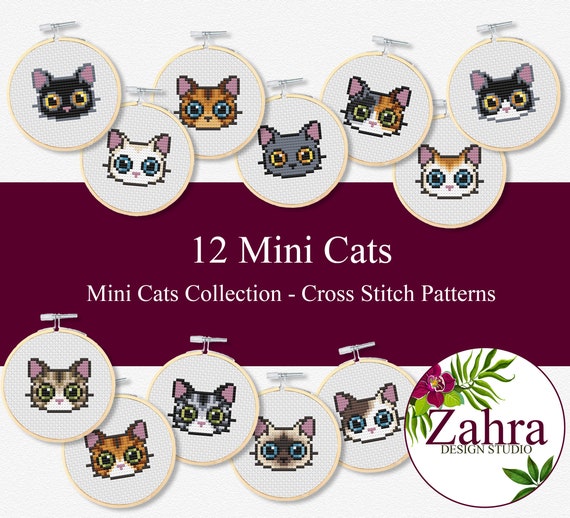 Mini Cats Cross Stitch Pattern - 12 Tiny Embroidery Designs (PDF Download)