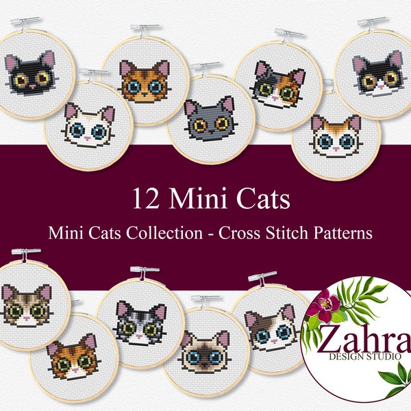 Cat Cross Stitch Pattern. Set of 12 Mini Cat Cross Stitch Patterns. Cross Stitch Bundle. PDF Instant Download