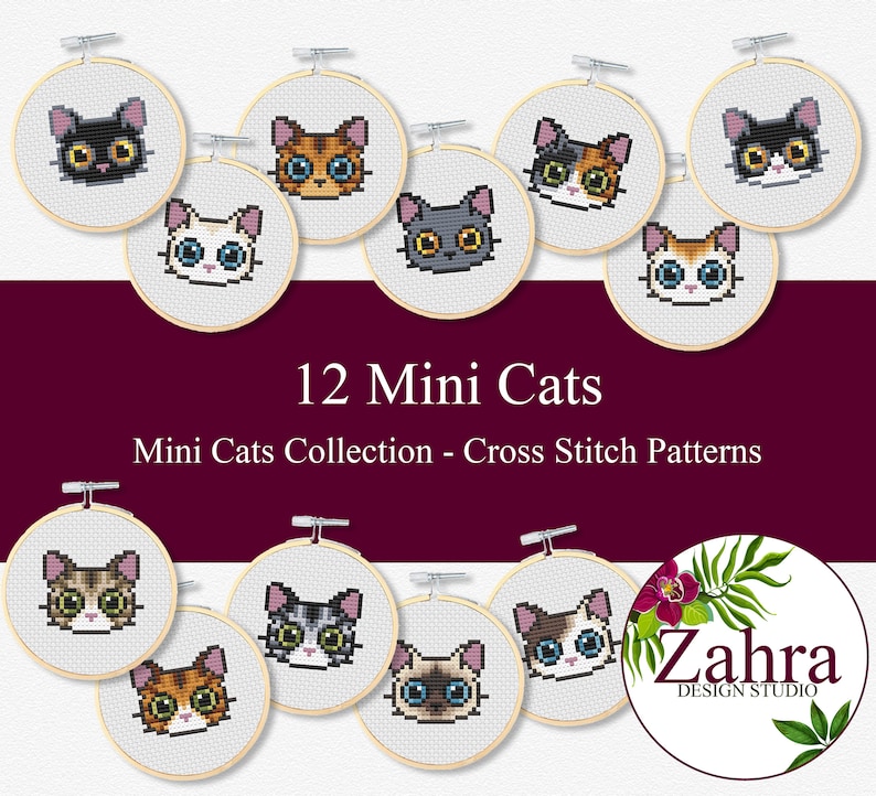 Twelve mini cat cross stitch patterns. The cats are in various colours and patterns, including black, white, orange, grey, and calico. The patterns are labelled "12 Mini Cats" and "Mini Cats Collection - Cross Stitch Patterns".