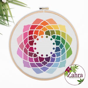 Geometric Mandala Cross Stitch Pattern – Rainbow Embroidery Design (PDF Download)