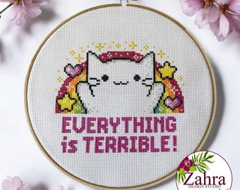 Cat Cross Stitch Pattern - Everything is Terrible (PDF Download)