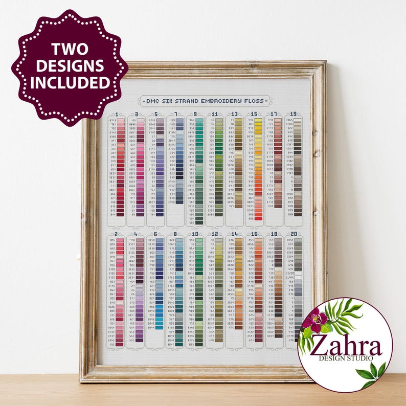 cross stitch chart with various color swatches displayed. The chart includes a list of numbers and DMC color names