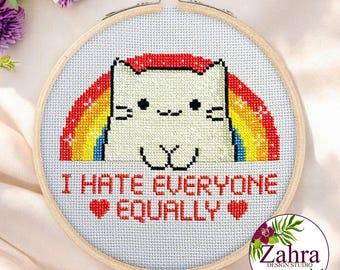 Cat Cross Stitch Pattern - I Hate Everyone Equally (PDF Download)
