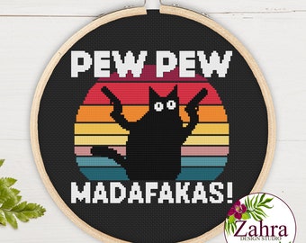 Patrón de punto de cruz de gato sarcástico - Pew Madafakas (Descarga en PDF)