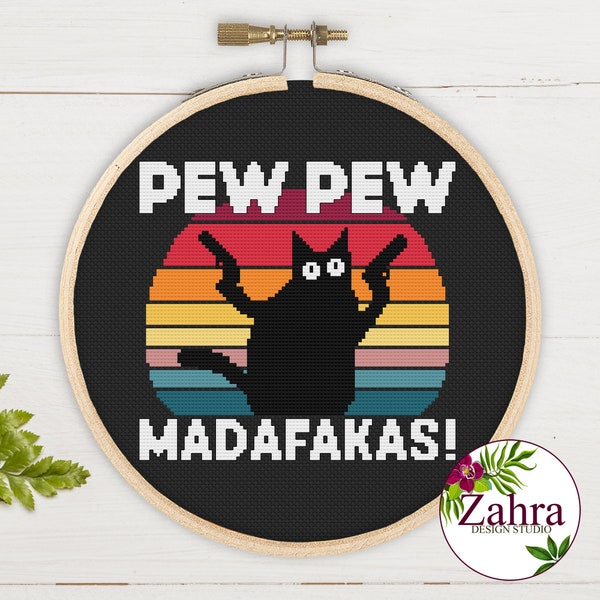 Pew Pew Madafakas! Black Cat Cross Stitch Pattern. Funny Cross Stitch Chart. PDF Instant Download