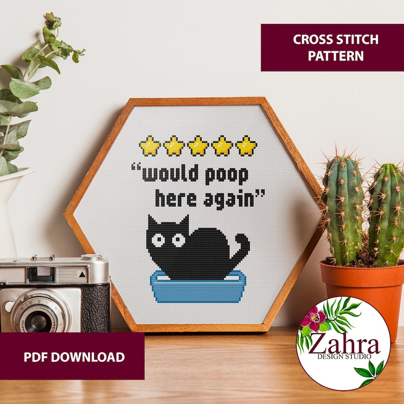 Cat Cross Stitch Pattern - Five Stars Would Poop Here Again (PDF Download)
