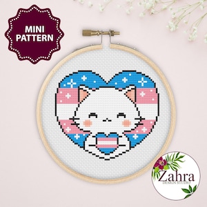 Trans Pride Cat Cross Stitch Pattern – Mini LGBTQ Embroidery (PDF Download)