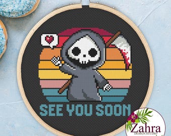 Grim Reaper Cross Stitch Pattern, Kawaii Halloween Design, PDF Download