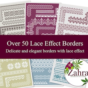 May include: A collection of digital sheets displaying over 50 lace effect borders in various colours including brown, magenta, maroon, light green, and blue. The text reads Over 50 Lace Effect Borders, Delicate and elegant borders with lace effect, and Zahra Design Studio.