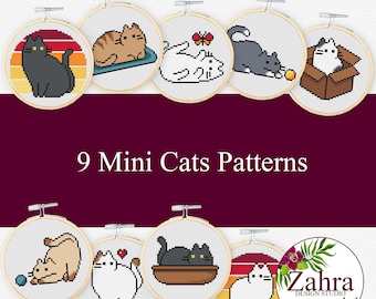 Mini Cats Cross Stitch Pattern - 9 Small Embroidery Designs (PDF Download)