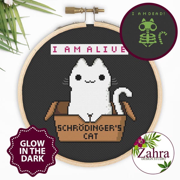 Patrón de punto de cruz del gato de Schrödinger, que brilla en la oscuridad, descarga en PDF.