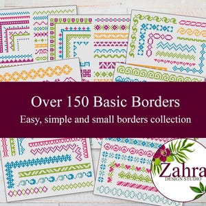 Puede incluir: Una colección de patrones de punto de cruz con más de 150 bordes básicos en varios diseños geométricos y colores que incluyen rosa, azul, verde y naranja. El texto dice Over 150 Basic Borders, Easy, simple and small borders collection.