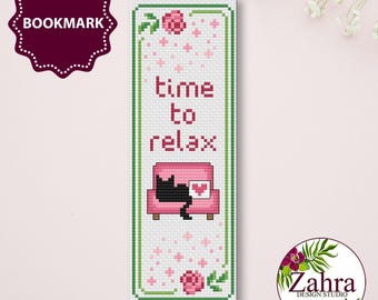Patrón de punto de cruz para marcapáginas - Tiempo para relajarse - Diseño de bordado (Descarga PDF)