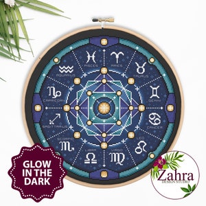 Patrón de punto de cruz con mandala del zodíaco que brilla en la oscuridad. Gráfico de punto de cruz del mandala del zodíaco. Descarga instantánea de PDF. Mandala Astrológica #38
